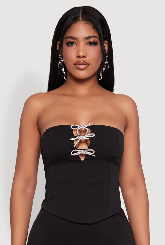 Rhinestone Bow Detail Corset Tube Top