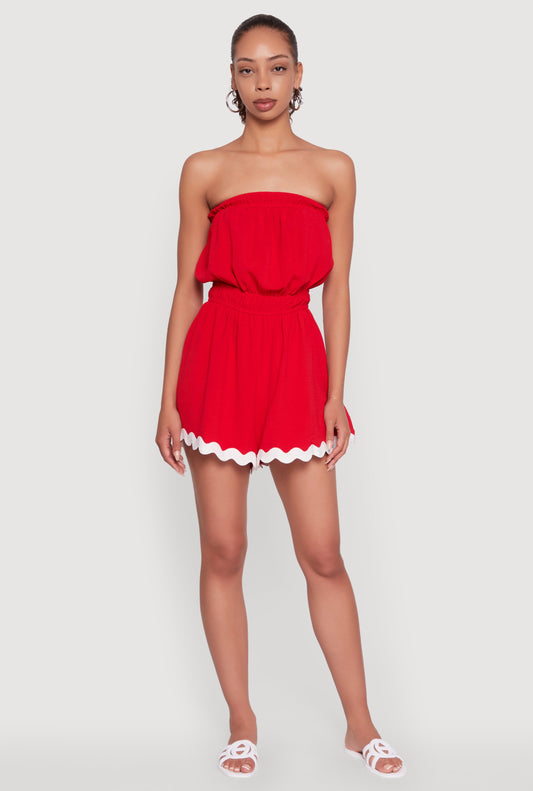 Chic Scalloped Contrast Trim Strapless Romper