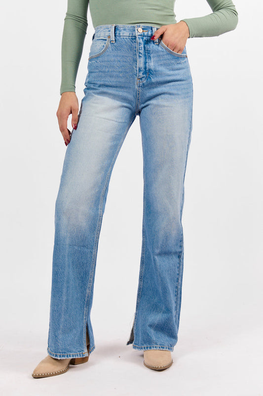 Emily Light Wash 90's Flare Split Hem Wide Leg Jeans SALE