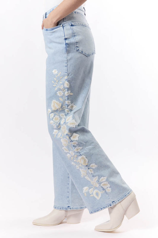 Daisy Light Wash Floral Embroidered Wide Leg Jeans FINAL SALE