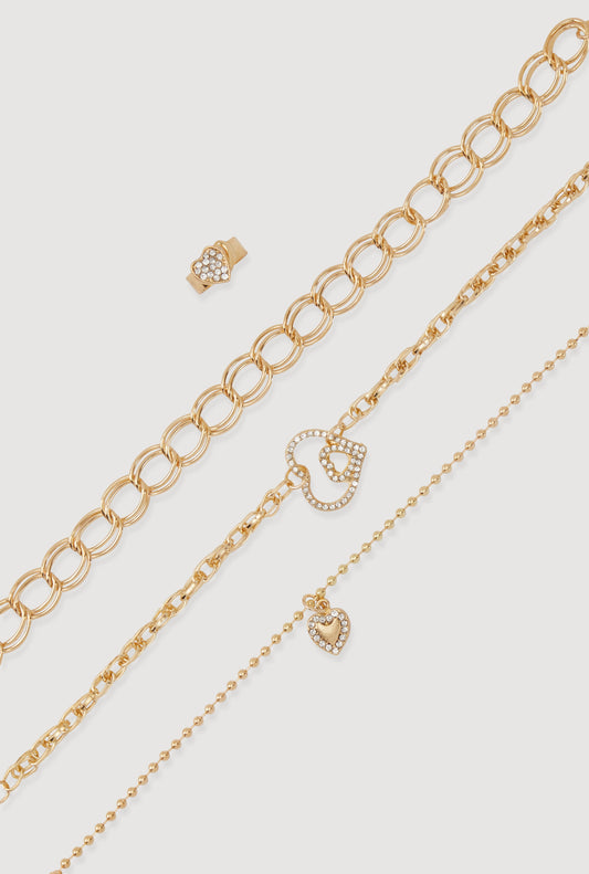 Heart Charm Anklet Trio with Toe Ring