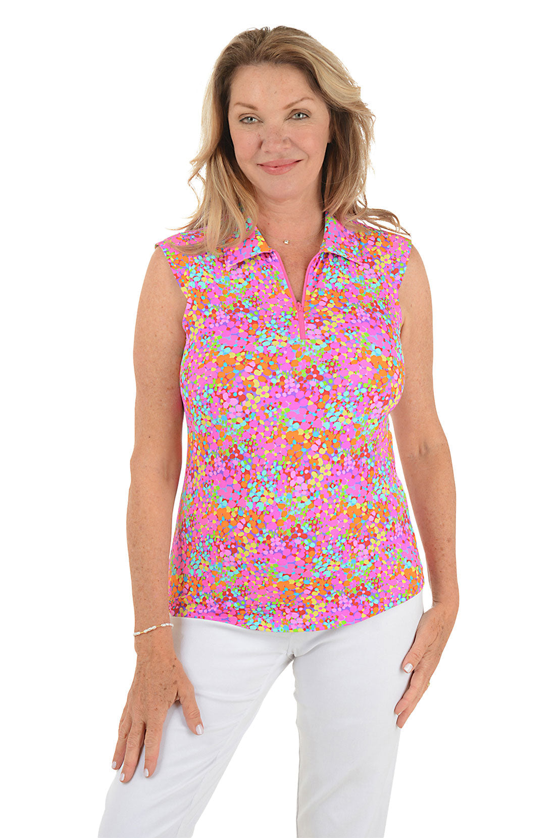 Hot Pink Allana Speckled Sleeveless UPF50+ Polo Top
