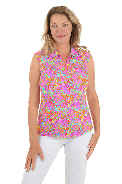 Hot Pink Allana Speckled Sleeveless UPF50+ Polo Top